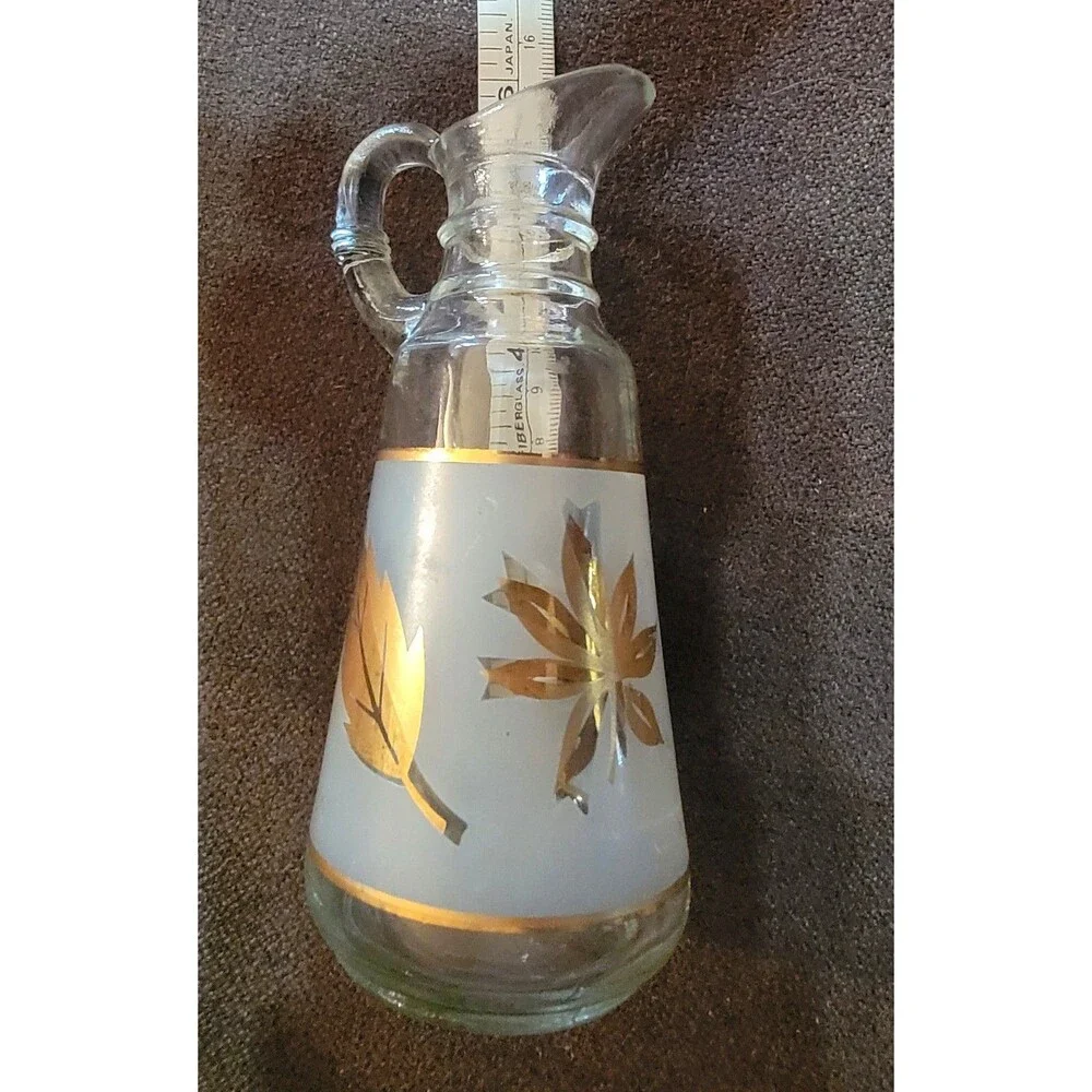 VTG Mid-Centry Frosted Cruet Oil Vinegar Set Gold Leaves Anchor Hocking Starlyte